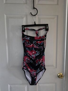 Amazon Black Floral One-Piece Swimsuit with Pink and Blue Flowers